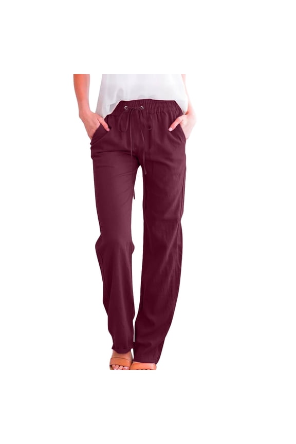 Women's High Waist Wide Leg Drawstring Pants - Polyester Elastic Trousers with Pockets for All Seasons