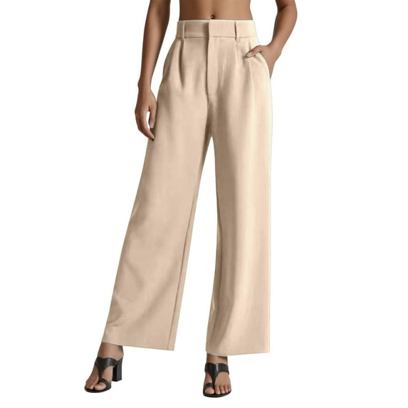 Women's High Waist Wide Leg Dress Pants - Business Casual, Pleated Front, Elastic Back, Zip Button Closure, Pockets, Polyester, XS-XXXXXL Sizes