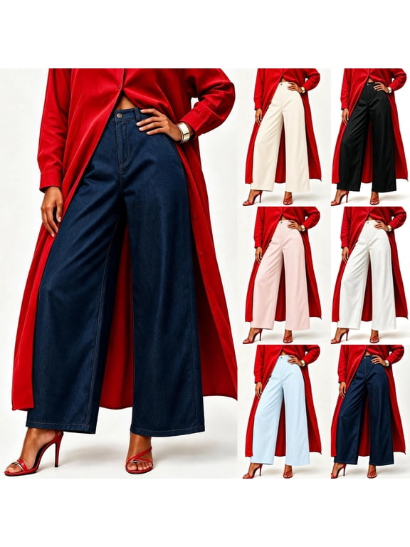 Women's High Waist Wide Leg Dress Pants Button Zip Fly Classic Straight Suit Trousers Dressy Casual office Work Slacks with Pockets Fall Winter White