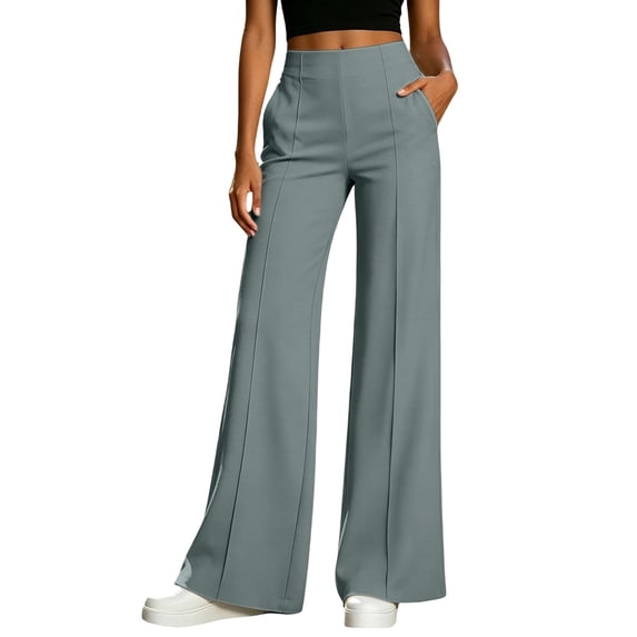 Women's High Waist Wide Leg Dress Pants, Front Seam Flare Trousers with Elastic Back Waist and Side Pockets, Lightweight Wrinkle Resistant Suiting Pants for Office Commute Daily Wear Dark Gray XXXL