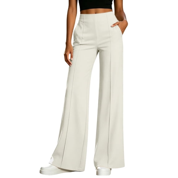 Women's High Waist Wide Leg Dress Pants, Front Seam Flare Trousers with Elastic Back Waist and Side Pockets, Lightweight Wrinkle Resistant Suiting Pants for Office Commute Daily Wear Beige L