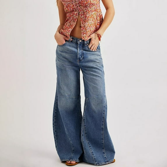Women's High Waist Wide Leg Jeans, Mid Rise Baggy Denim Pants with Vintage Wash, Comfortable Stretchable Loose Fit Trouser, Soft Cotton Blend Retro Style Jeans for Women,Casual Relaxed Fit Jeans