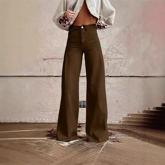 Women's High Waist Wide Leg Jeans, Retro Floor Length Flare Denim Pants, Stretchy Baggy Casual Jeans for Daily Wear, Date Night and Y2K Outfits Brown L