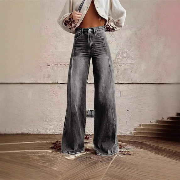 Women's High Waist Wide Leg Jeans, Retro Floor Length Flare Denim Pants, Stretchy Baggy Casual Jeans for Daily Wear, Date Night and Y2K Outfits Grey XXL