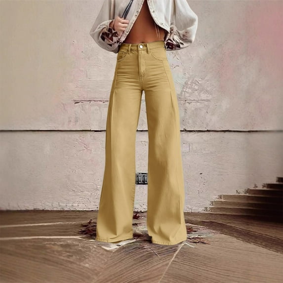 Women's High Waist Wide Leg Jeans, Retro Floor Length Flare Denim Pants, Stretchy Baggy Casual Jeans for Daily Wear, Date Night and Y2K Outfits Khaki M