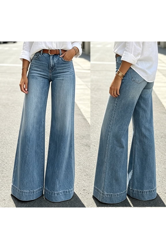 Women's High Waist Wide Leg Jeans, Soft Full Stretch Washed Denim Finish with Pockets, Loose Long Full Length Trousers for Retro Vintage Street | TruHer,Blue 2XL