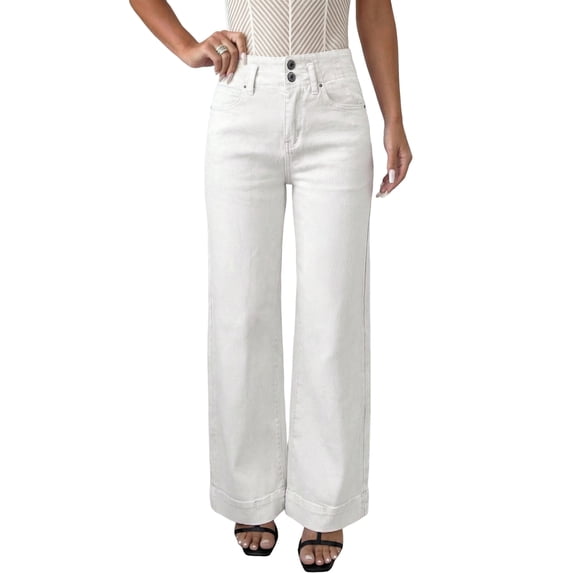 Women's High Waist Wide Leg Jeans – Solid White Denim Trousers with 2-Button Closure, Casual Daily Wear, 4
