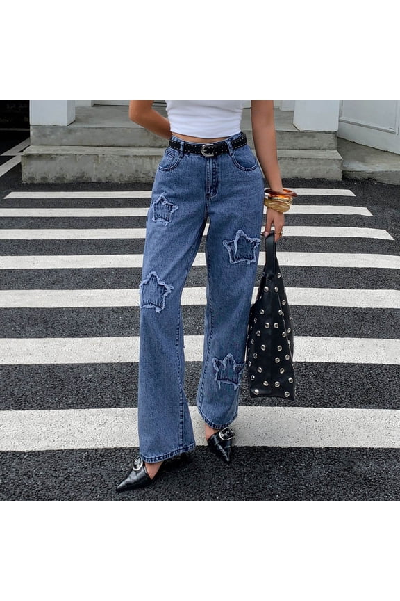 Women's High Waist Wide Leg Jeans, Star Hole Vintage Distressed Detailing, Trendy Street Denim Pants for Unique Edgy Fashion | TruHer,Dark Blue L