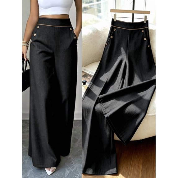 Women's High Waist Wide Leg Long Pants, Decorative Button Detail Trousers with Side Pockets, Elegant Office Business Casual Dressy Bottoms