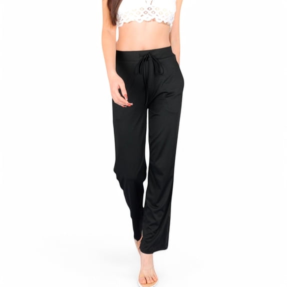 Women's High Waist Wide Leg Lounge Pants with Drawstring- Black,X Large