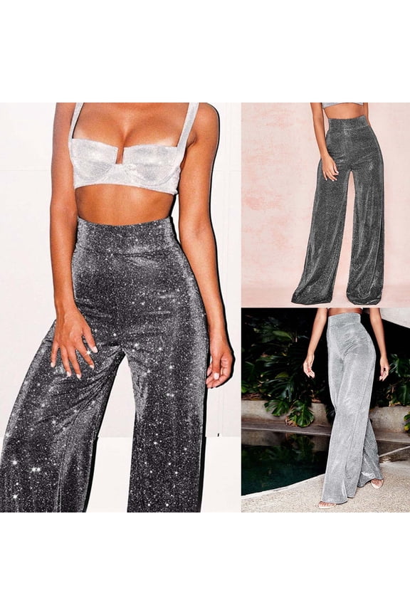 Women's High Waist Wide Leg Palazzo Lounge Pants Metallic Glitter Bell Bottoms Trousers Rave Party Silver M