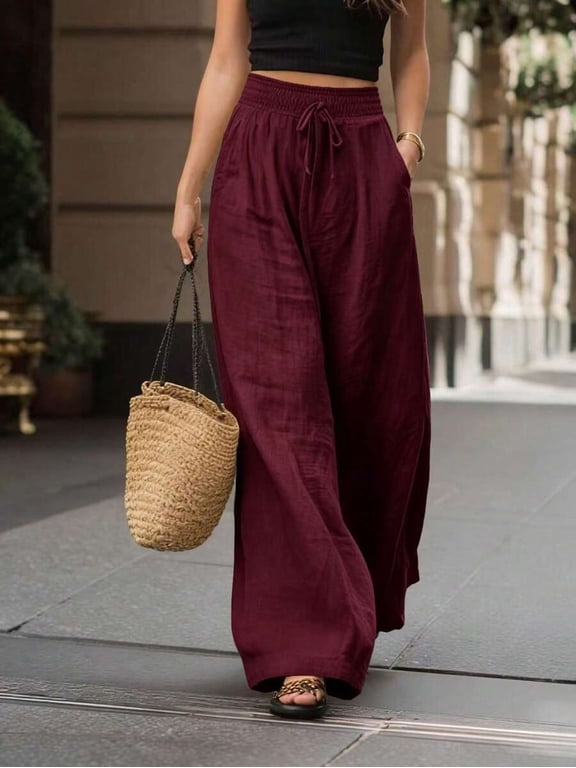 Women's High Waist Wide Leg Palazzo Pants, Elastic Drawstring Flowy Trousers, Loose Fit Draped Bottoms with Pockets, French Style Vacation Resort Wear