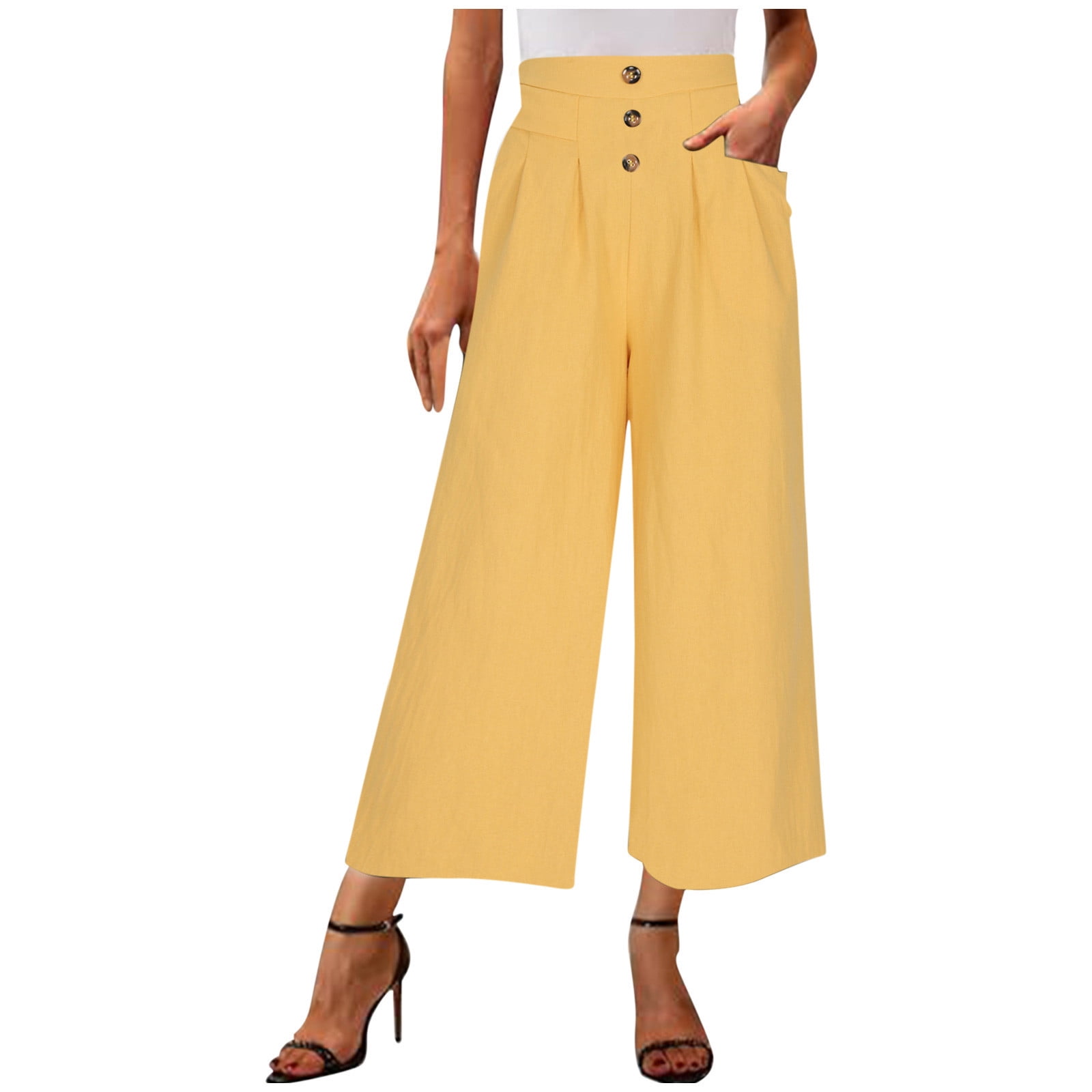 Women's High Waist Wide Leg Palazzo Pants Loose Fit Button Fly Culottes ...