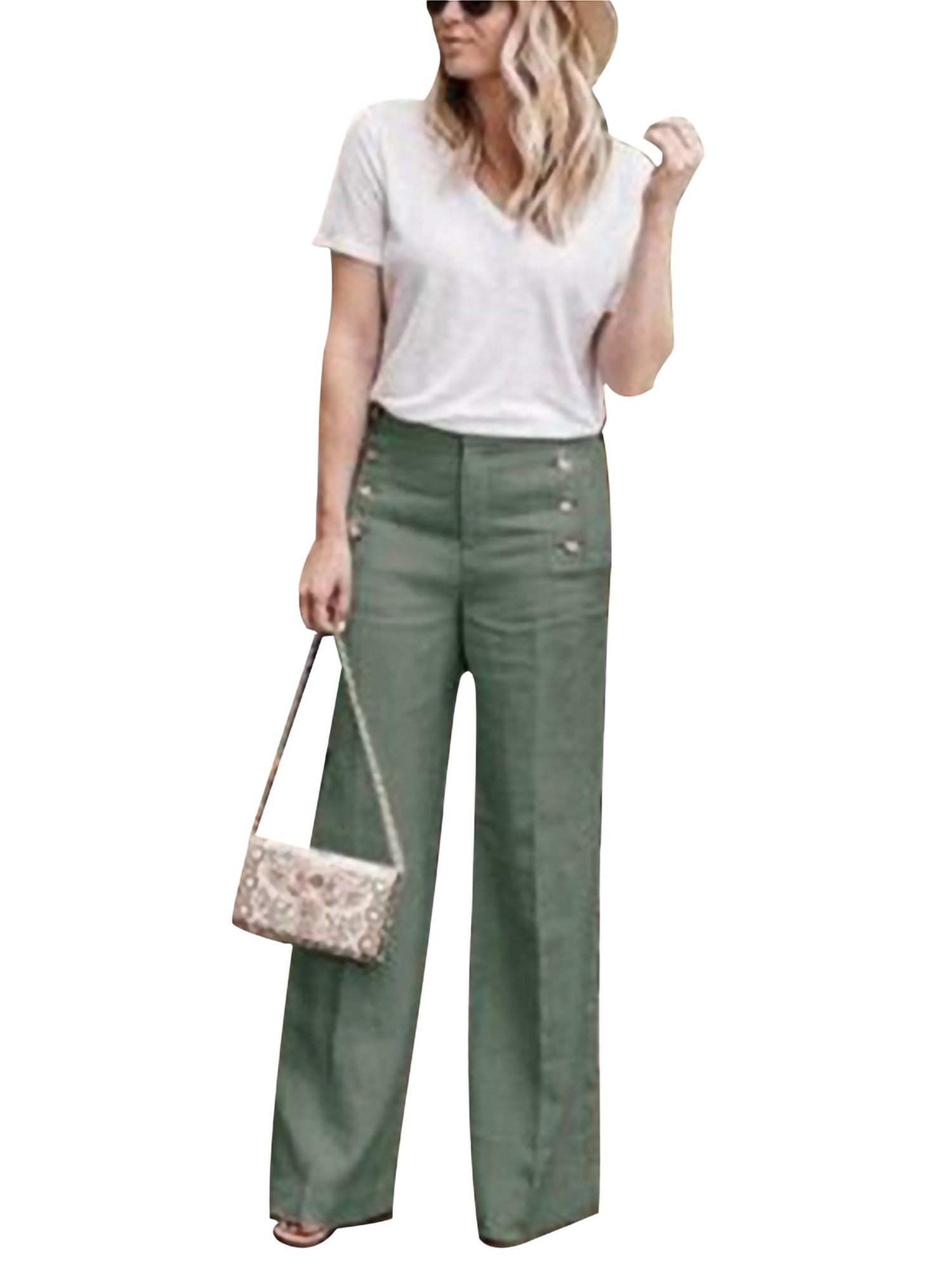 Women's High Waist Wide Leg Palazzo Pants OL Button Long Pants Solid Color Casual Loose Office Work Pants Trousers - image 1 of 2