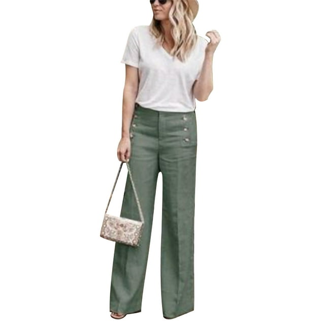 Women's High Waist Wide Leg Palazzo Pants OL Button Long Pants Solid Color Casual Loose Office Work Pants Trousers