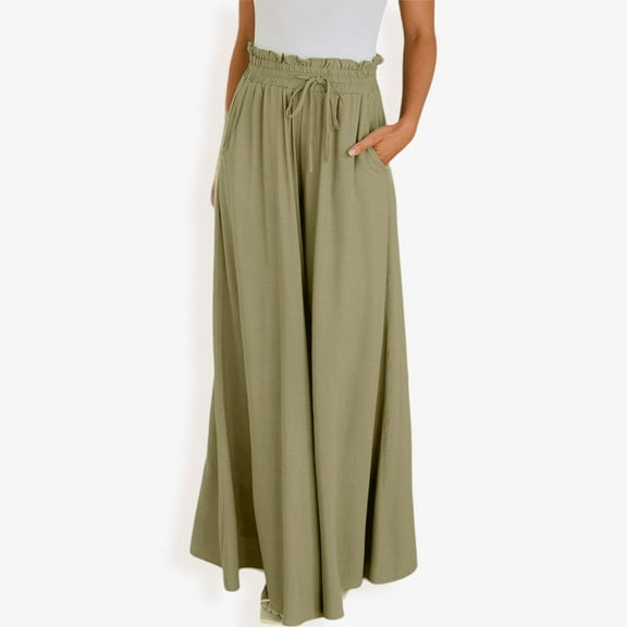 Women's High Waist Wide Leg Palazzo Pants With Drawstring Waist And Relaxed Fit- Medium, Green
