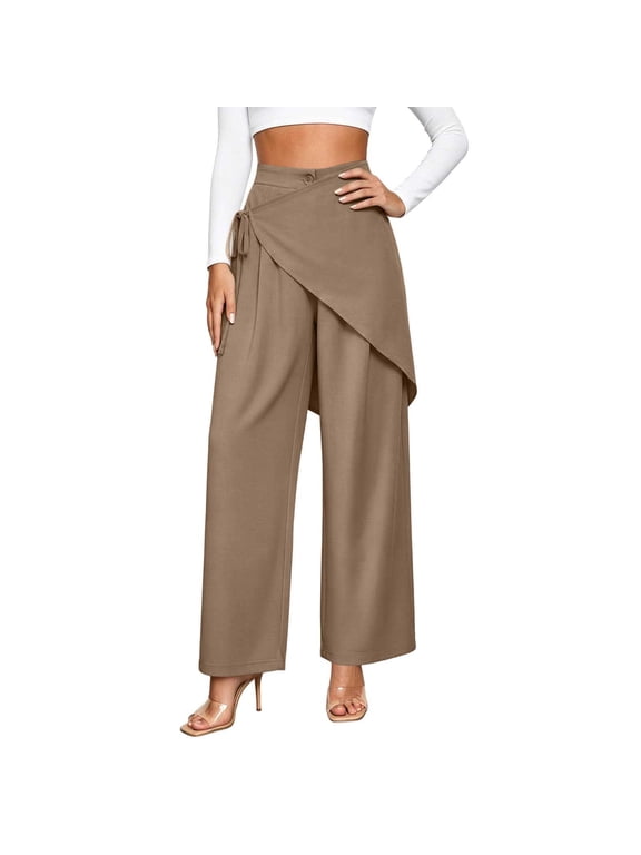 Women's High Waist Wide Leg Pants Asymmetric Wrap Overlay Loose Flowy Trousers with Pockets Work office Casual Dressy Pants Khaki