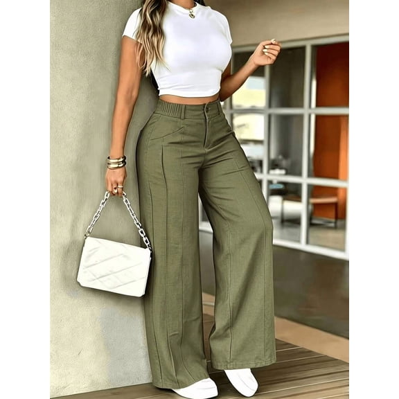 Women's High Waist Wide Leg Pants, Button Front Straight Leg Trousers for Work, Office, Everyday & Casual Wear