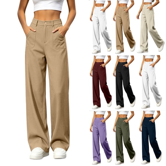 Women's High Waist Wide Leg Pants, Button Zip Fly Casual Straight Trousers with Large Front Patch Pockets, Flowy Floor Length Business Casual Suit Pants