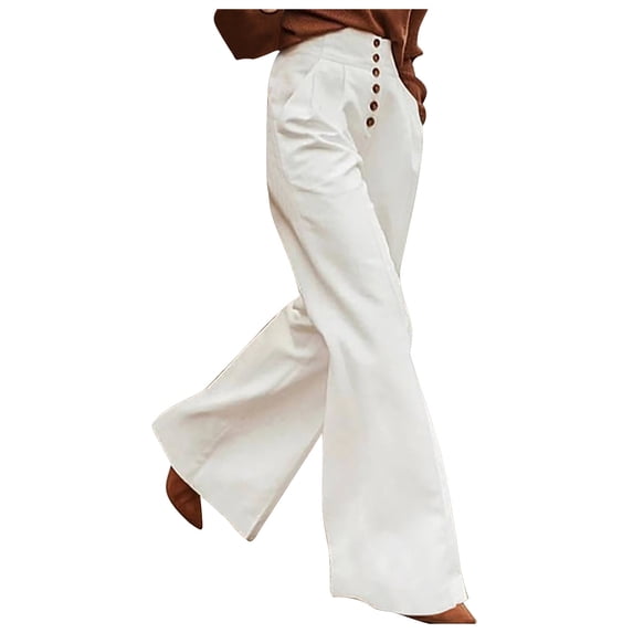Women's High Waist Wide Leg Pants Casual Work Office Long Trousers Palazzo Button Baggy Lounge Pants with Pockets