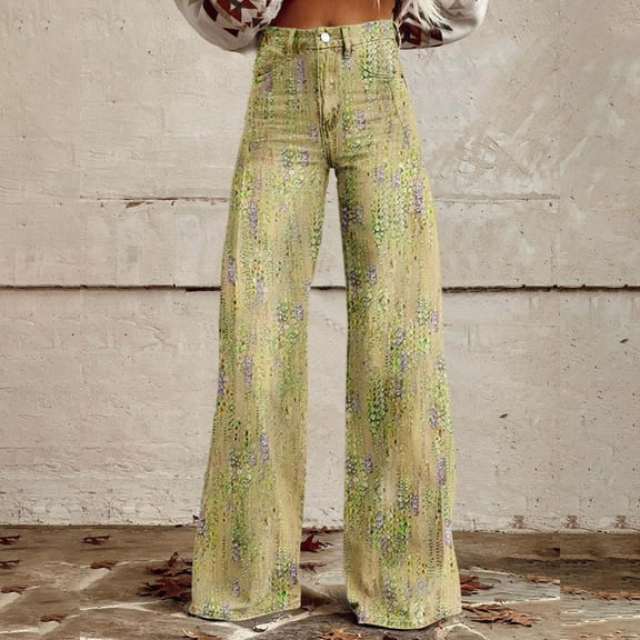 Women's High Waist Wide Leg Pants with Colorful Patterns, Lightweight Loose Fit Casual Trousers for Beach Vacations, Daily Wear, and All Season Comfort, Stretchy Comfortable Lounge Pants Yellow S