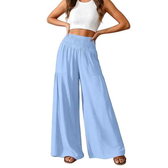 Women's High Waist Wide Leg Pants, Cotton Linen Flare Leg Palazzo Trousers with Pockets, Elastic Waist Casual Bell Bottom Pants for Daily Wear, Vacation and Boho Chic Outfits Blue XS
