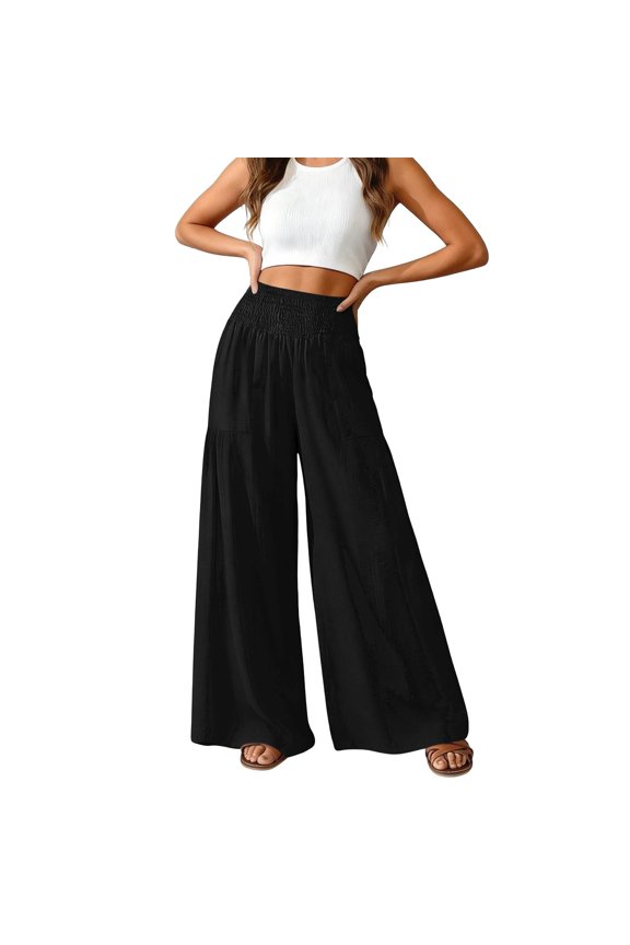 Women's High Waist Wide Leg Pants, Cotton Linen Flare Leg Palazzo Trousers with Pockets, Elastic Waist Casual Bell Bottom Pants for Daily Wear, Vacation and Boho Chic Outfits Black XS