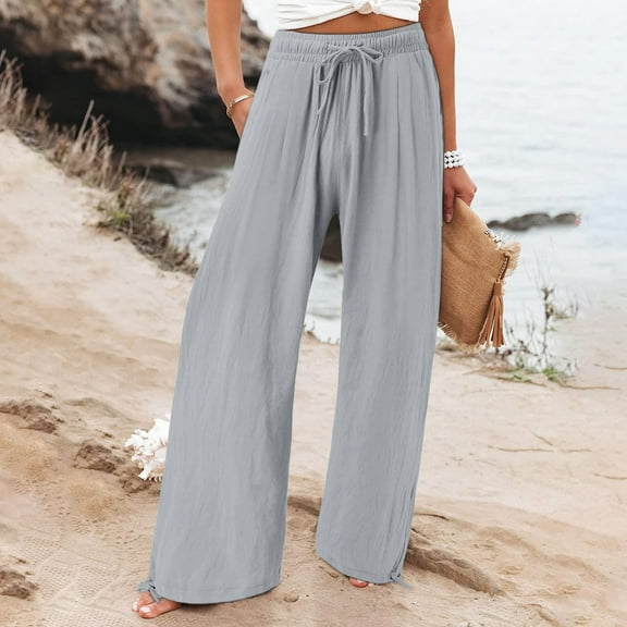 Women's High Waist Wide Leg Pants Elastic Drawstring Flowy Trousers (Grey XXL)
