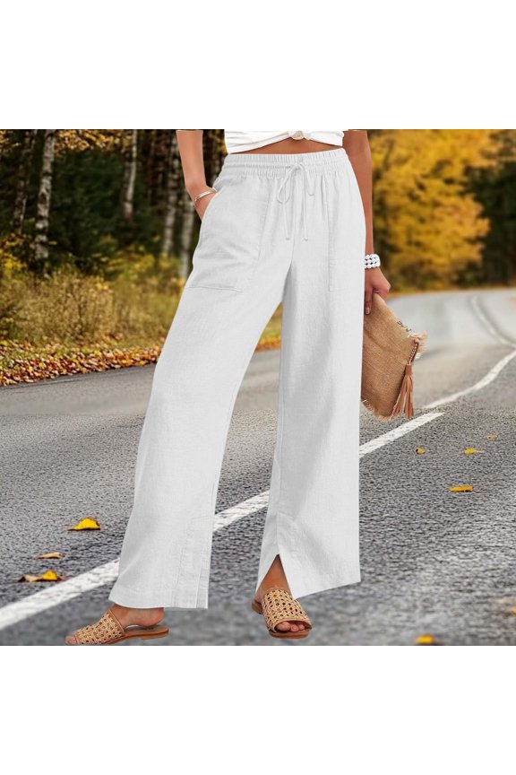 Women's High Waist Wide Leg Pants, Elastic Drawstring Waist Casual Trousers, Side Slit Pocket Pants, Solid Color Lounge Pants, Loose Fit Yoga Pants, Everyday Wear White XXXXL