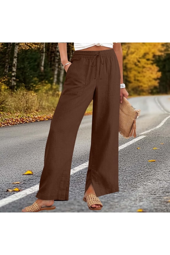 Women's High Waist Wide Leg Pants, Elastic Drawstring Waist Casual Trousers, Side Slit Pocket Pants, Solid Color Lounge Pants, Loose Fit Yoga Pants, Everyday Wear Brown S