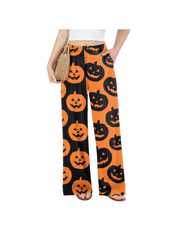 Women's High Waist Wide Leg Pants Halloween Split Color Jack O Lantern Pumpkin Print Button Trousers