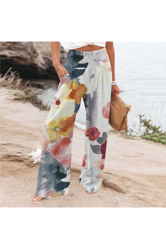 Women's High Waist Wide Leg Pants Plus Size Smocked Lounge Trousers with Pockets Floral Printed Linen Loose Ankle Length Pant