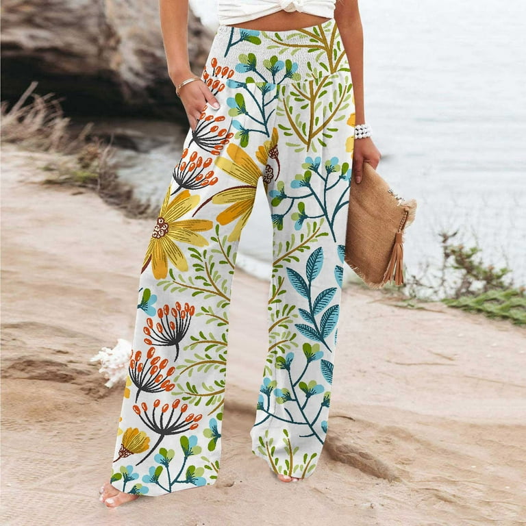Women's High Waist Wide Leg Pants Plus Size Smocked Lounge Trousers with  Pockets Floral Printed Linen Loose Ankle Length Pant 