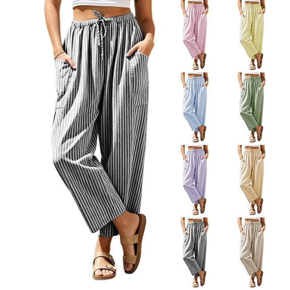 Women's High Waist Wide Leg Pants with Pockets, Elastic Drawstring Tummy Control Flowy Trousers, Loose Striped Casual Pants for Beach, Vacation, Summer, Spring, Day Out | TruBelle,Orange S