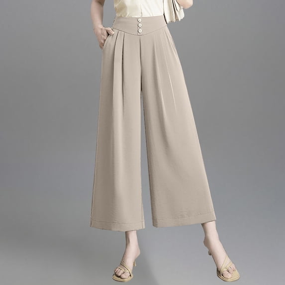 Women's High Waist Wide Leg Pants, Soft Elastic Waist Pull On Trousers, Flowy Drape Style Pants, Lightweight Breathable Pants, Comfortable Loose Fit Bottoms, Elegant Casual Trousers Beige