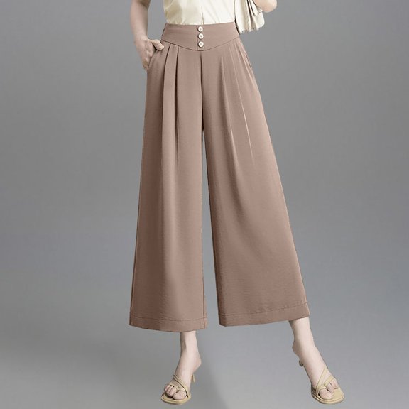 Women's High Waist Wide Leg Pants, Soft Elastic Waist Pull On Trousers, Flowy Drape Style Pants, Lightweight Breathable Pants, Comfortable Loose Fit Bottoms, Elegant Casual Trousers Khaki