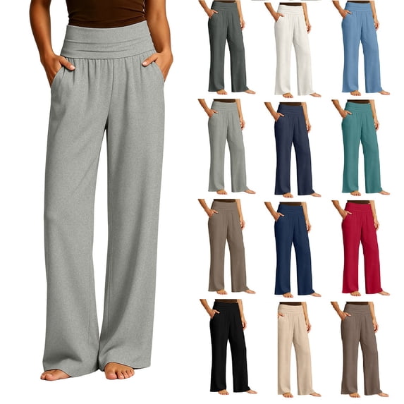 Women's High Waist Wide Leg Pants,Soft Flowy Trousers with Side Pockets,Gray,Women's Capri XS