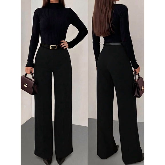 Women's High Waist Wide Leg Pants, Straight Leg Loose Fit Trousers for Work, Office, Everyday & Business Casual Wear