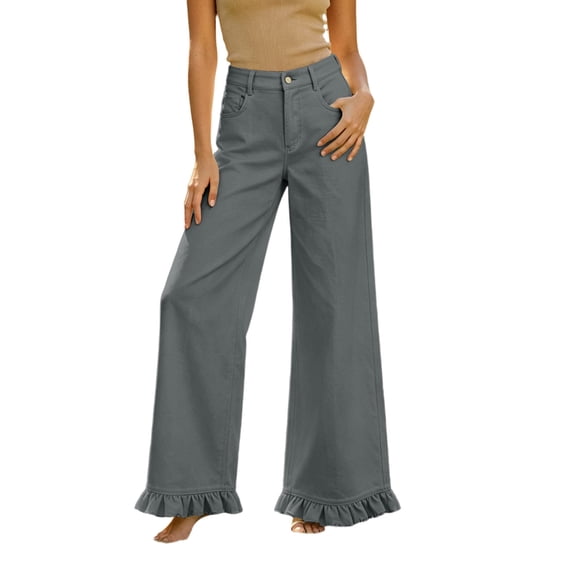 Women's High Waist Wide Leg Pants With Ruffle Hem Casual Loose Flared Trousers With Pockets