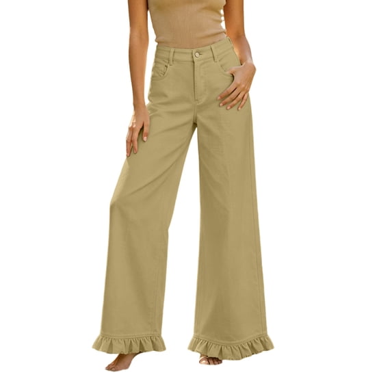 Women's High Waist Wide Leg Pants With Ruffle Hem Casual Loose Flared Trousers With Pockets