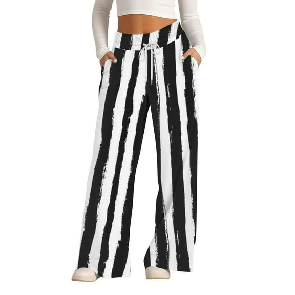 Women's High Waist Wide Leg Pants with Drawstring Striped Casual Loose Fit Lounge Trousers with Pockets