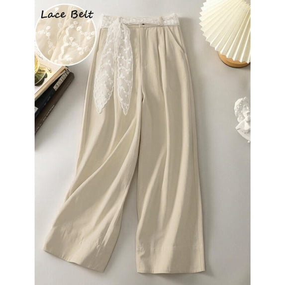 Women's High Waist Wide Leg Pants with Lace Belt Casual Pleated Trousers