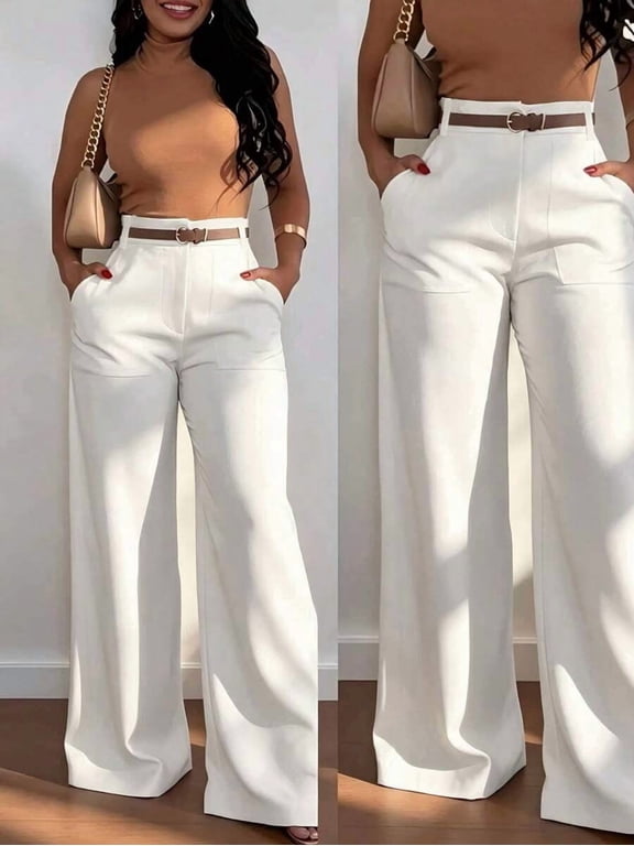 Women's High Waist Wide Leg Pants with Pockets and Belt for Fall Winter Office Commute Wear