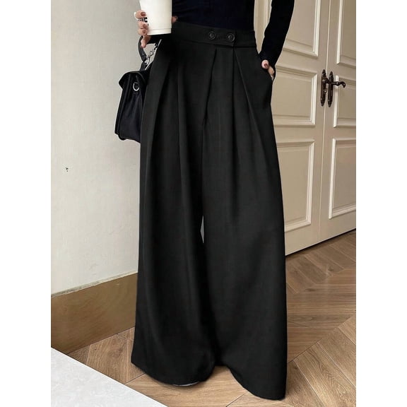 Women's High Waist Wide Leg Pleated Pants, Button Detail Pocket Trousers for Work, Office, Everyday & Business Casual Wear