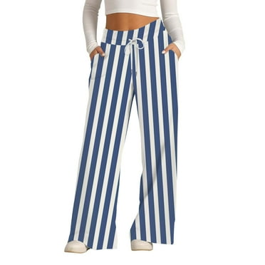 Women's High Waist Wide Leg Striped Pants with Pockets Casual Loose Fit Boho Style Trousers for Summer