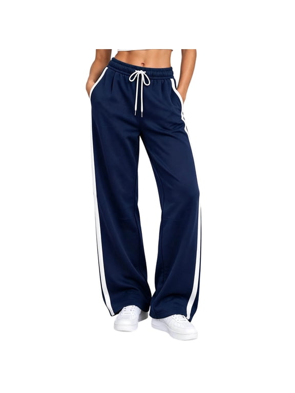 Women's High Waist Wide Leg Track Pants Drawstring Side White Stripe Loose Workout Jogger Sweatpants With Pockets