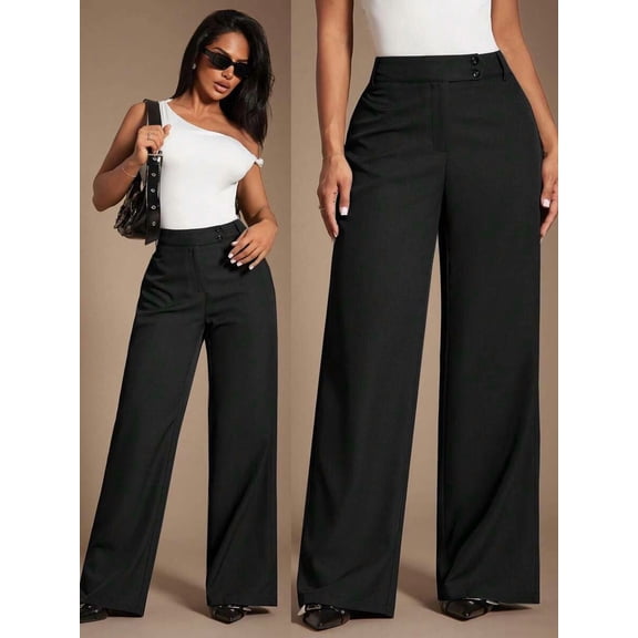 Women's High Waist Wide Leg Trousers, Double Button Waist Detail Long Pants with Side Pockets, Elegant Office Work Business Casual Bottoms