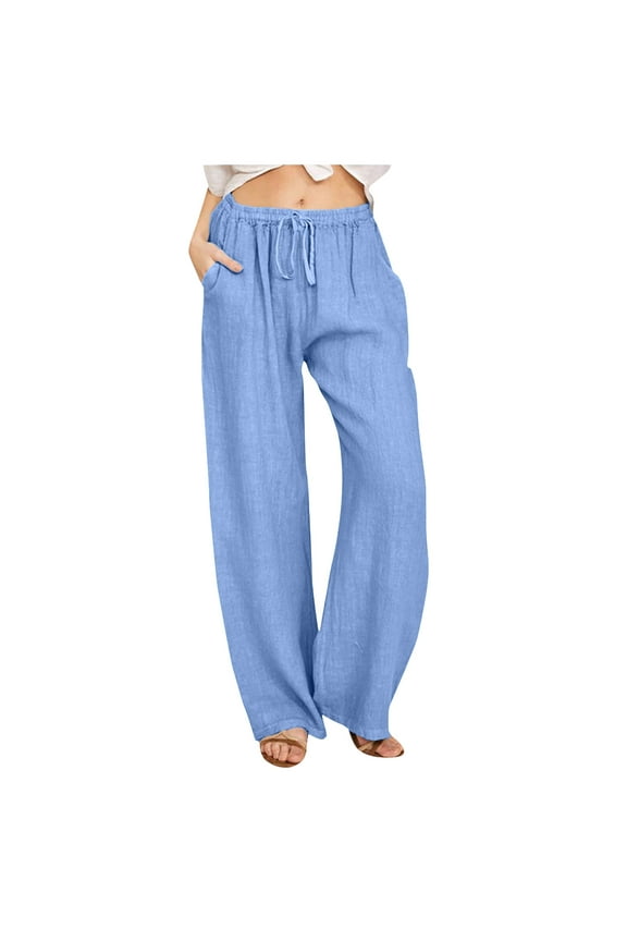 Women's High Waist Wide Leg Trousers Fashion Drawstring Elastic Waistband Comfortable Straight Fit Pants with Pockets