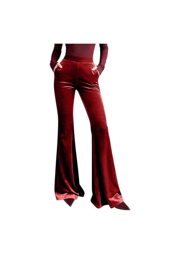 Women's High Waist Wide Leg Velvet Long Palazzo Bell Bottom Dressy Business Work Evening Party Flare Yoga Workout Pants Red