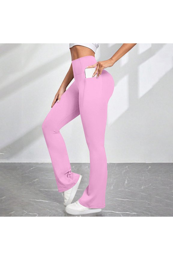 Women's High Waist Wide Leg Yoga Pants, Peach Butt Lifting Workout Pants with No Uncomfortable Lines, Slight Flare Design with Pockets for Gym and Fitness Pink